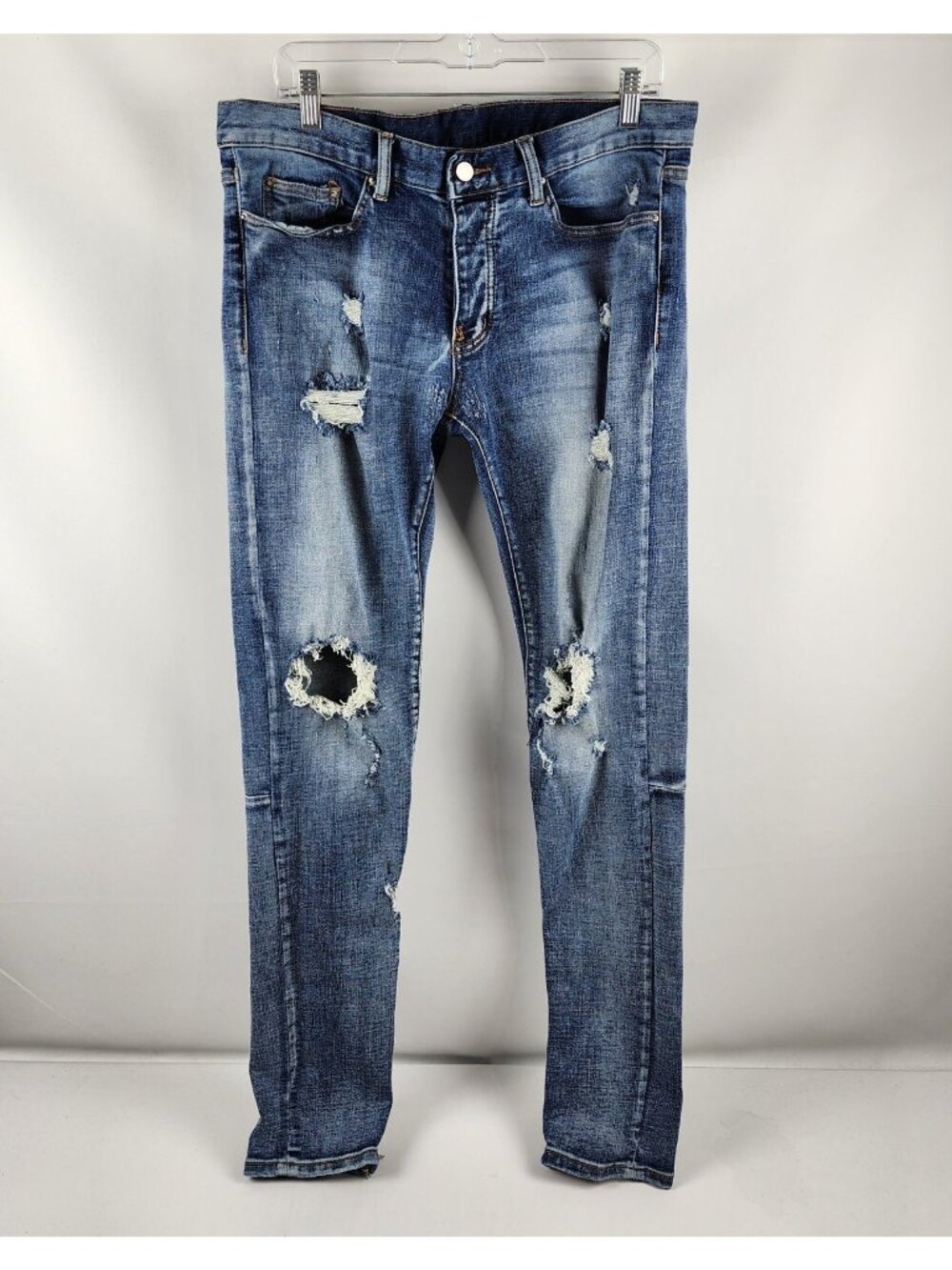 mnml Jeans Men 33x34 Blue Slim Fit Ankle Zips Button Fly Distress Denim Patches